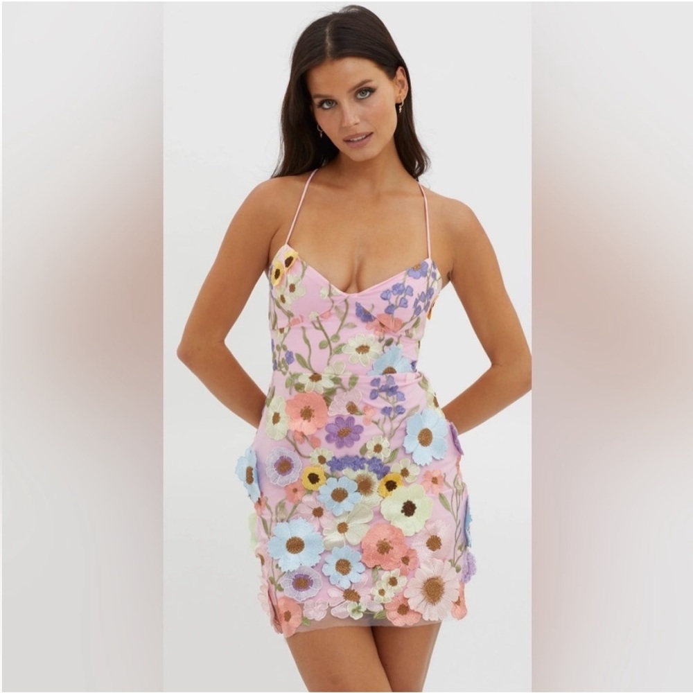Light pink floral embroidered appliqué spring summer mini dress